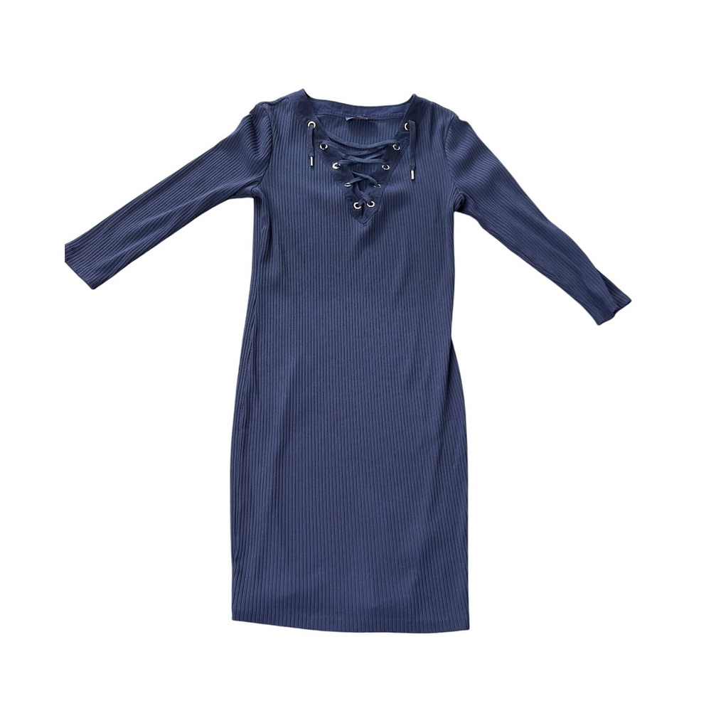 Polo Ralph Lauren Ribbed Knit Lace-Up Long Sleeve Midi Dress Navy Nautical M
